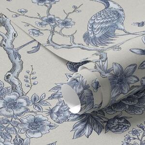 Carta da parati Ornamento floreale blu con uccellino e rami, Parati stile orientale classici, a01132 : Uwalls.it