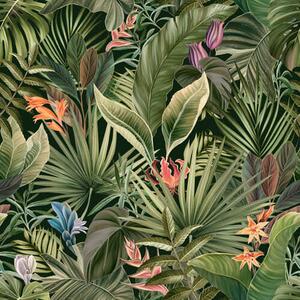 Carta da parati Foglie tropicali con fiori su sfondo scuro, Parati natura classici, Parati natura foglie classici, a01153 : Uwalls.it