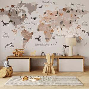 Carta da parati Una mappa in stile acquerello dai toni del beige con animali, piante ed, Carta da parati Mappa del Mondo, c00009plv3 : Uwalls.it
