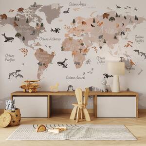 Carta da parati Una mappa in stile acquerello dai toni del beige con animali, piante ed, Carta da parati Mappa del Mondo, c00009esv3 : Uwalls.it