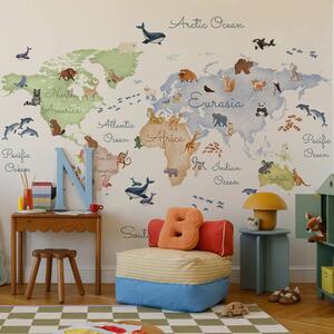 Carta da parati Una mappa a colori in stile acquerello con immagini di animali. Didascalie in, Carta da parati Mappa del Mondo, c00012en : Uwalls.it