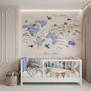 Carta da parati Una mappa blu in stile acquerello con animali. Etichette in francese, Carta da parati per Bambini, c00012frv1 : Uwalls.it