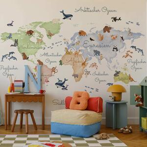 Carta da parati Una mappa bianca in stile acquerello con immagini di animali. Dettagli in tedesco, Carta da parati per Bambini, c00012de : Uwalls.it
