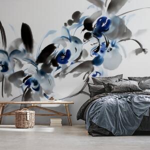 Carta da parati eleganti fiori astratti in stile acquerello orientale con tocchi di blu e nero, orchidee, Carta da parati Floreale, w09797 : Uwalls.it