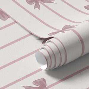 Carta da parati Fiocchi rosa su righe verticali su sfondo chiaro, Parati geometrica classici, Parati geometrica a righe classici, a01162 : Uwalls.it