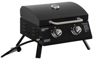 Barbecue da tavolo a gas con 2 bruciatori, carrello mobile, griglia piccola, barbecue da tavolo per esterni, picnic, con riduttore di pressione, tubo flessibile, acciaio inossidabile, nero, 55 x 46,5 x 41 cm