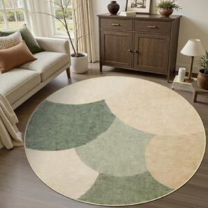 Omgoods - Tappeto geometrico rotondo, verde e beige, lavabile e morbido, diametro 100 cm