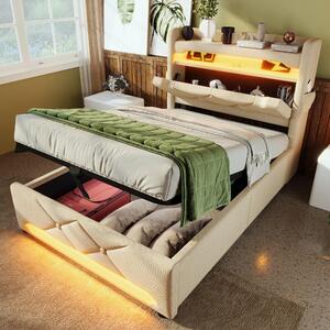 Letto imbottito 90x200 cm, color beige, rivestito in lino, con spazio contenitore. Testiera con USB e porta di tipo C, cassettone idraulico e illuminazione LED per la camera da letto