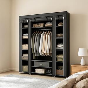 Armadio portatile pieghevole in tessuto, dimensioni 175,26*149,86*44,96 cm, nero/grigio - Organizzatore per armadio portatile con asta appendiabiti e ripiani
