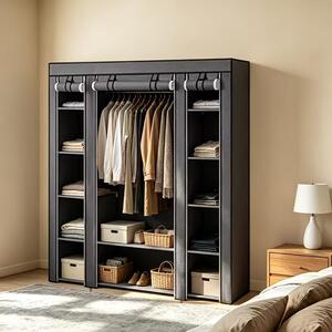 Armadio portatile pieghevole in tessuto, dimensioni 175,26*149,86*44,96 cm, nero/grigio - Organizzatore per armadio portatile con asta appendiabiti e ripiani