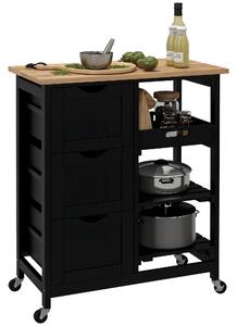 HOMCOM Carrello da Cucina Carrello Ausiliario con Ruote con 3 Cassetti 2 Ripiani Aperti e Vassoio Estraibile 67x37x85,5 cm Nero | Aosom Italy