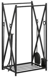 HOMCOM Portalegna per Camino in Acciaio da Interno ed Esterno, Porta Legna con Attizzatoio Paletta Scopino Pinza, 46x30x76cm Nero | Aosom Italy