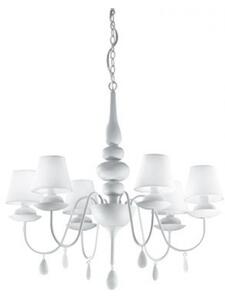 Lampada a sopensione blanche a 6 luci. struttura in metallo verniciato bianco con paralume rivestito in stoffa, colore bianco