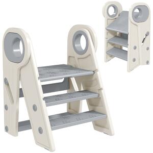 Torre Montessoriana Bambini Pieghevole 46,5x47x61,5 cm a 3 Gradini Regolabili con Maniglia e Superficie Antiscivolo in HDPE Grigio