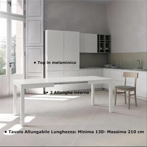 Tavolo Allungabile, Top in melaminico Bianco Frassino Gambe in Metallo nere Dimensioni 80x130 Max 210x h76 cm, peso kg 27 Fino a 8 persone colore bianco