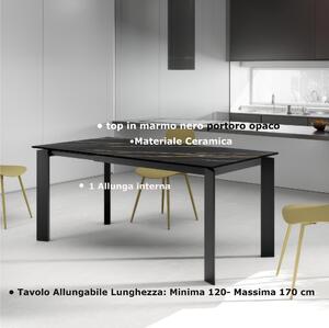 Tavolo Allungabile, Top Ceramica (sinthered stone) Gambe in Metallo FRAME Dimensioni 80x120 Max 170x h76 cm, peso kg 69 Fino a 8 persone colore top in marmo nero portoro opaco