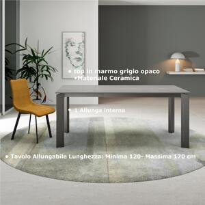 Tavolo Allungabile, Top Ceramica (sinthered stone) Gambe in Metallo Dimensioni 80x120 Max 170x h76 cm, peso kg 69 Fino a 8 persone colore top in marmo grigio opaco