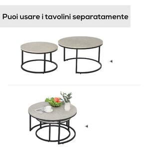 HOMCOM Set da 2 Tavolini da Caffè Sovrapponibili Rotondi in Metallo e MDF Effetto Marmo, Grigio e Nero