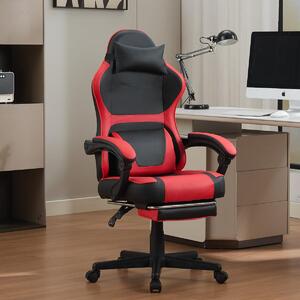 Sedia da gaming in stile kawaii, rossa e nera, con poggiapiedi e cuscino lombare, ideale per l'ufficio domestico