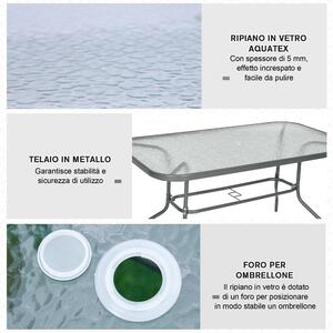 Outsunny Tavolo da Esterno in Metallo e Vetro Temperato con Foro Ombrellone, per Terrazzo/Giardino/Veranda, 140x80x70cm