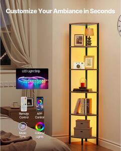 Scaffale angolare a 6 livelli con luce LED, supporto angolare alto, scaffale espositivo - struttura in metallo e ripiani in legno, scaffale espositivo in piedi per camera da letto/soggiorno/ufficio, Marrone