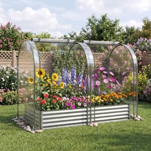 Costway Set di 2 orto rialzato da giardino con serra drenaggio, Fioriera esterno in metallo con copertura protettiva per piante fiori Argento