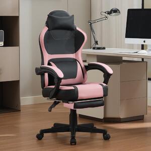Sedia da gaming ergonomica in stile kawaii, color rosa e nero, con poggiapiedi estraibile e doppio supporto lombare, ideale per l'ufficio domestico e il relax
