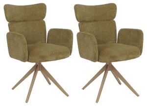 Set di 2 sedie da pranzo HWC-N11, sedia girevole con meccanismo di ritorno automatico, rivestimento in tessuto bouclé da 350 g/m², Öko-Tex, colore verde oliva, gambe effetto legno