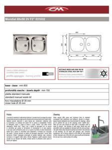 Lavello appoggio inox 2 vasche cm 80x50 con sifone e piletta MONDIAL