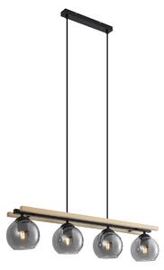 Lampada a sospensione moderna nera con legno e vetro fumé 4 luci - Aleks