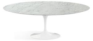 Fedele riedizione del tavolo ovale tulip con piano in marmo di carrara o in laminato, materiale piano marmo bianco carrara, misure piano oval 160x85 , colore base alluminio bianco lucido