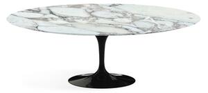 Fedele riedizione del tavolo ovale tulip con piano in marmo di carrara o in laminato, misure piano oval 160x85 , materiale piano marmo arabescato vagli, colore base alluminio nero lucido