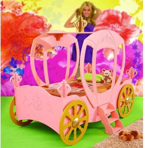 Letto cenerentola a forma di carrozza in mdf per bambine con rete e materasso mod princess carriage, colore rosa