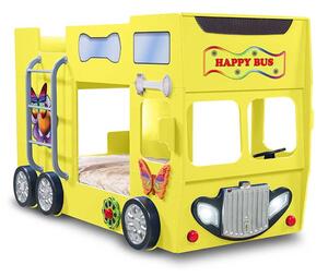 Lettino happy bus a castello per bambini in mdf con reti e materassi inclusi, colore giallo