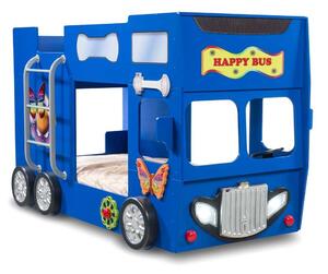 Lettino happy bus a castello per bambini in mdf con reti e materassi inclusi, colore blu