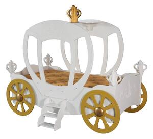 Letto cenerentola a forma di carrozza in mdf per bambine con rete e materasso mod princess carriage, colore bianco