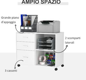 HOMCOM Mobile Porta Stampante con 3 Cassetti in Legno, Mobile Ufficio Multiuso con 4 Ruote e Ripiani Aperti, 80x40x65cm, Bianco