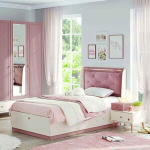 Letto con contenitore elegance, con testata trapuntata in microfibra rosa, struttura letto ad una piazza