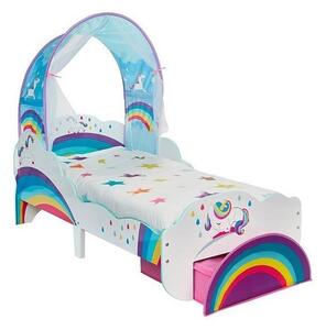 Letto per bambini unicorno realizzato in legno mdf con baldacchino in tessuto colorato, aggiungi materasso -nessuno-