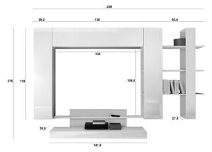 Mobile soggiorno componibile ale made in italy realizzato in legno melaminico, finiture laccata bianco lucido e rovere kadiz