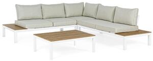 ELLY - Salotto angolare giardino 5 posti con tavolino in alluminio con doghe in polywood Teak Bianco