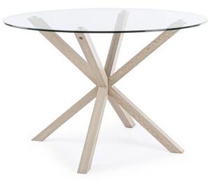 Tavolo tondo May Ø L114xH76 cm piano in vetro struttura acciaio effetto legno naturale