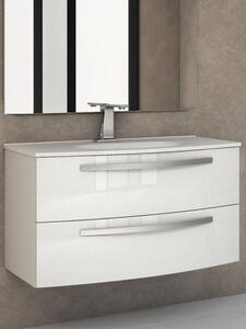 Mobile bagno sospeso curvo 100 cm 2 cassetti con lavabo e specchiera led STELLA Bianco lucido Mobile con Lavabo