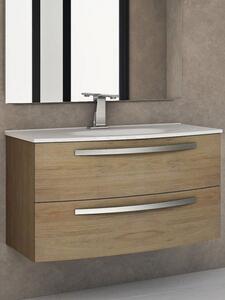 Mobile bagno sospeso curvo 100 cm 2 cassetti con lavabo e specchiera led STELLA Rovere tabacco Mobile con Lavabo