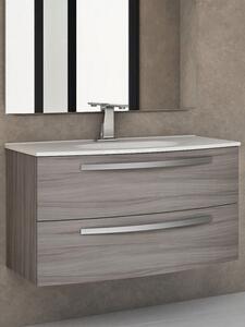 Mobile bagno sospeso curvo 100 cm 2 cassetti con lavabo e specchiera led STELLA Larice Mobile con Lavabo