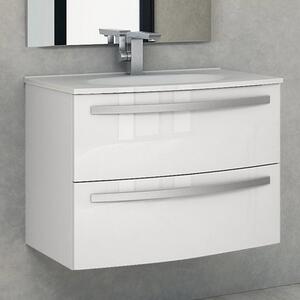 STELLA - Mobile bagno sospeso 75 cm 2 cassetti lavabo e specchio led Bianco lucido Mobile con Lavabo