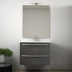 STELLA - Mobile bagno sospeso 75 cm 2 cassetti lavabo e specchio led Grigio scuro venato Completa