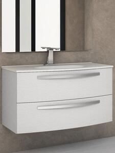 Mobile bagno sospeso curvo 100 cm 2 cassetti con lavabo e specchiera led STELLA Bianco frassinato Mobile con Lavabo