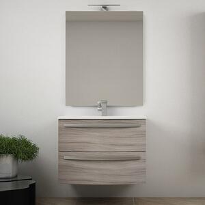 STELLA - Mobile bagno sospeso 75 cm 2 cassetti lavabo e specchio led Larice Completa