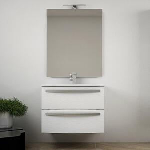 STELLA - Mobile bagno sospeso 75 cm 2 cassetti lavabo e specchio led Bianco frassinato Completa